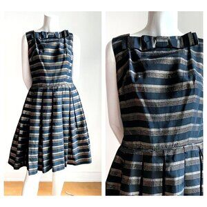 Vintage Black Gold Stripe Bow Detail Sleeveless Knee Lenght Dress S